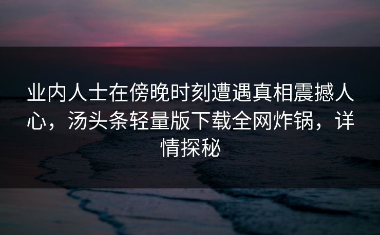 业内人士在傍晚时刻遭遇真相震撼人心，汤头条轻量版下载全网炸锅，详情探秘